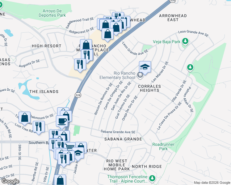 map of restaurants, bars, coffee shops, grocery stores, and more near 604 Cerro De Ortega Drive Southeast in Rio Rancho