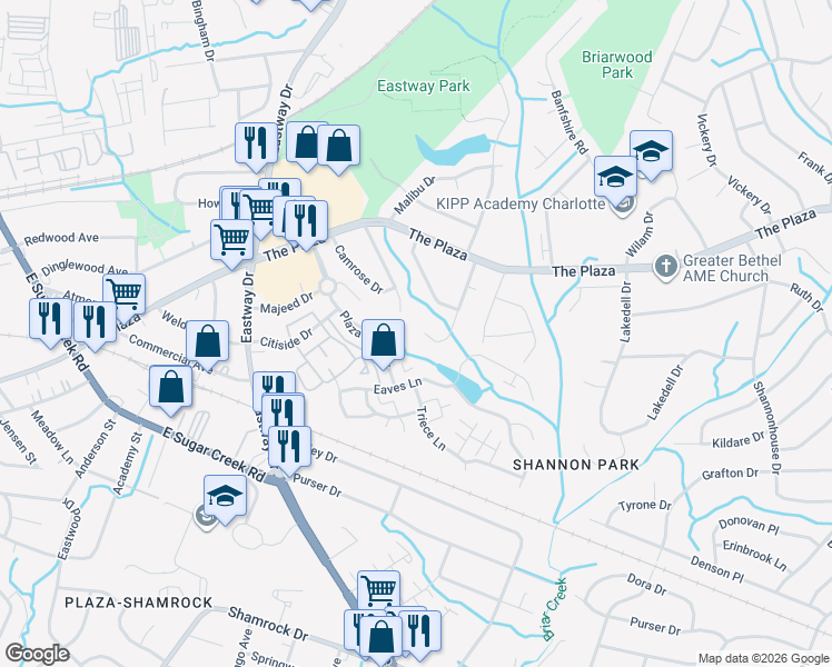 map of restaurants, bars, coffee shops, grocery stores, and more near 755 Harwyn Drive in Charlotte