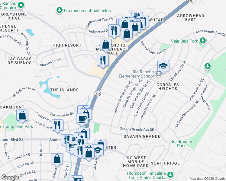 map of restaurants, bars, coffee shops, grocery stores, and more near 4112 El Alto Court Southeast in Rio Rancho