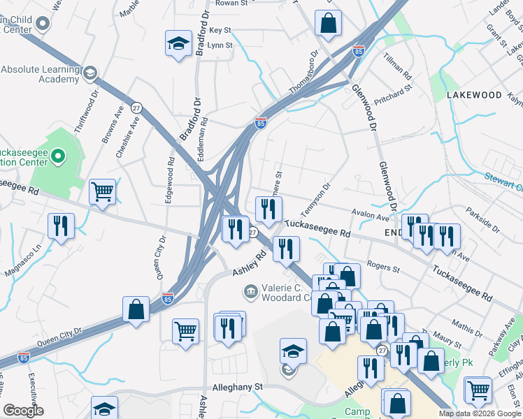 map of restaurants, bars, coffee shops, grocery stores, and more near 4110 Triangle Drive in Charlotte