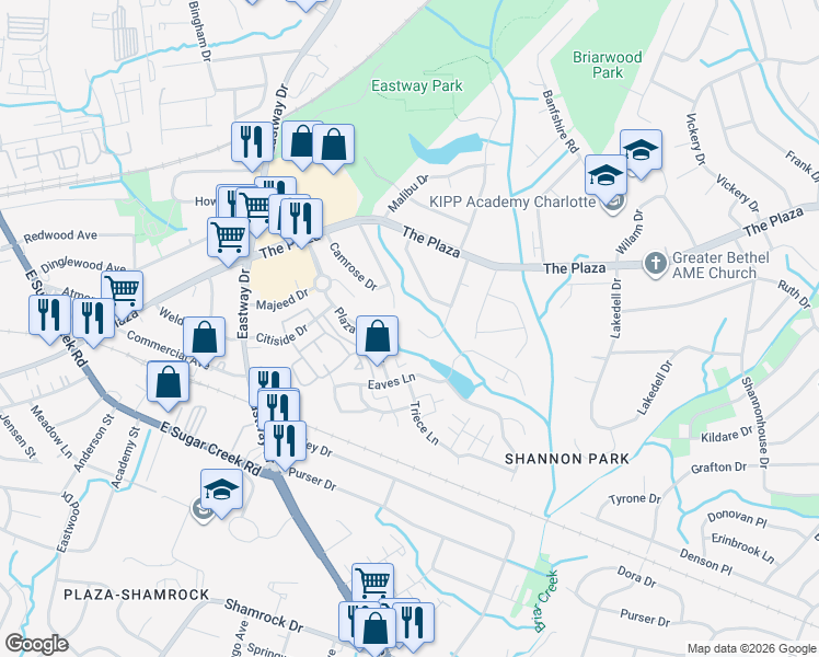 map of restaurants, bars, coffee shops, grocery stores, and more near 755 Harwyn Drive in Charlotte