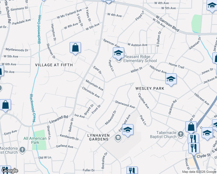 map of restaurants, bars, coffee shops, grocery stores, and more near 1124 East Drive in Gastonia