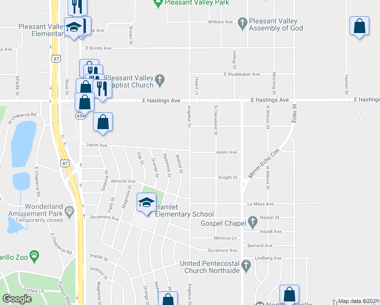map of restaurants, bars, coffee shops, grocery stores, and more near 3398 Angelus Drive in Amarillo