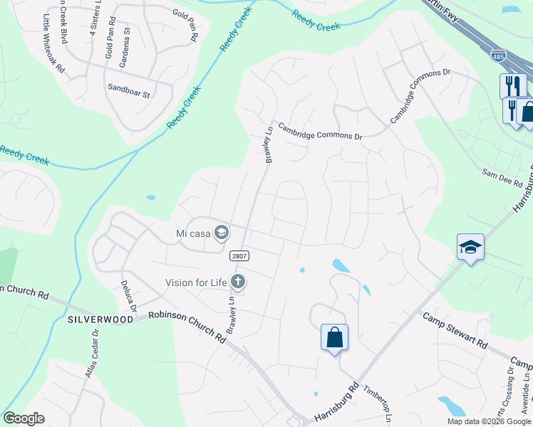 map of restaurants, bars, coffee shops, grocery stores, and more near 10107 Bradstreet Commons Way in Charlotte
