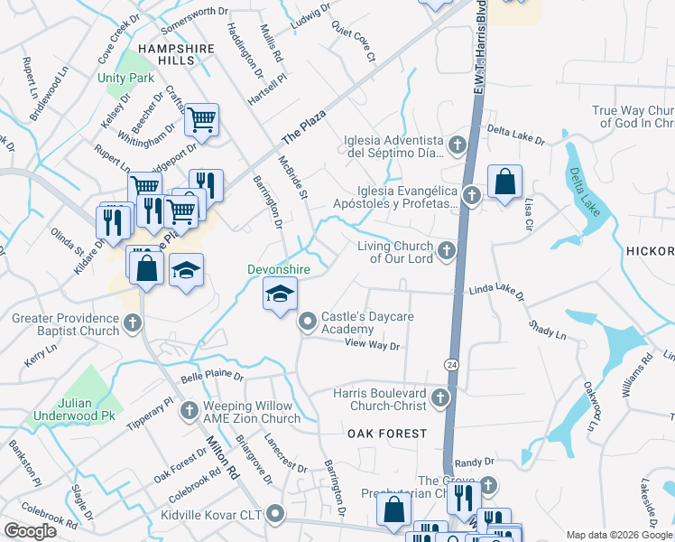 map of restaurants, bars, coffee shops, grocery stores, and more near 6536 Rosecran Drive in Charlotte