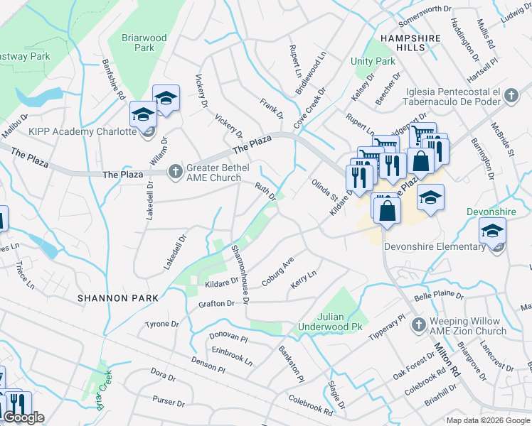 map of restaurants, bars, coffee shops, grocery stores, and more near 5415 Dolphin Lane in Charlotte