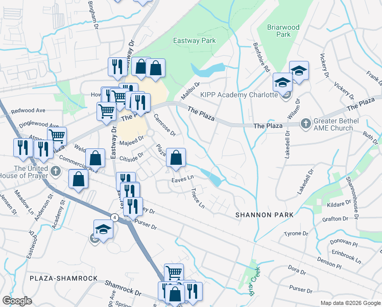 map of restaurants, bars, coffee shops, grocery stores, and more near in Charlotte