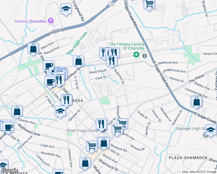 map of restaurants, bars, coffee shops, grocery stores, and more near 3471 Steel Yard Court in Charlotte