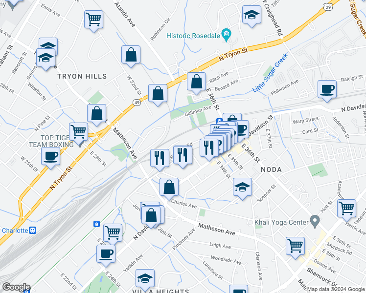 map of restaurants, bars, coffee shops, grocery stores, and more near 404 East 33rd Street in Charlotte