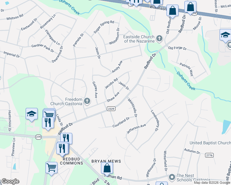 map of restaurants, bars, coffee shops, grocery stores, and more near 2503 Shaw Avenue in Gastonia