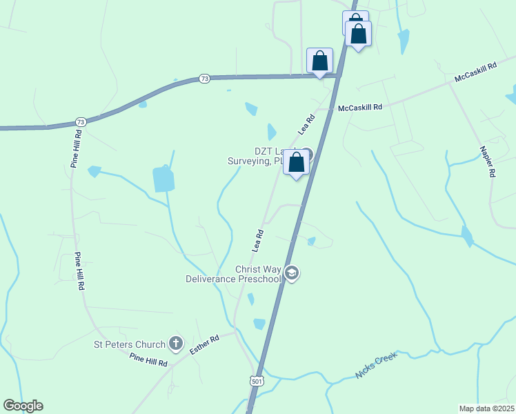 map of restaurants, bars, coffee shops, grocery stores, and more near Lea Road in Moore County