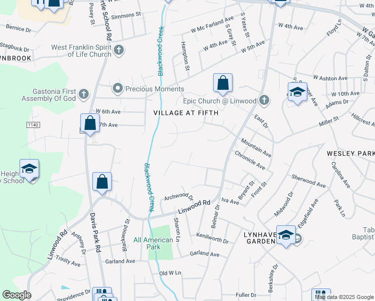 map of restaurants, bars, coffee shops, grocery stores, and more near 1540 Monument Avenue in Gastonia