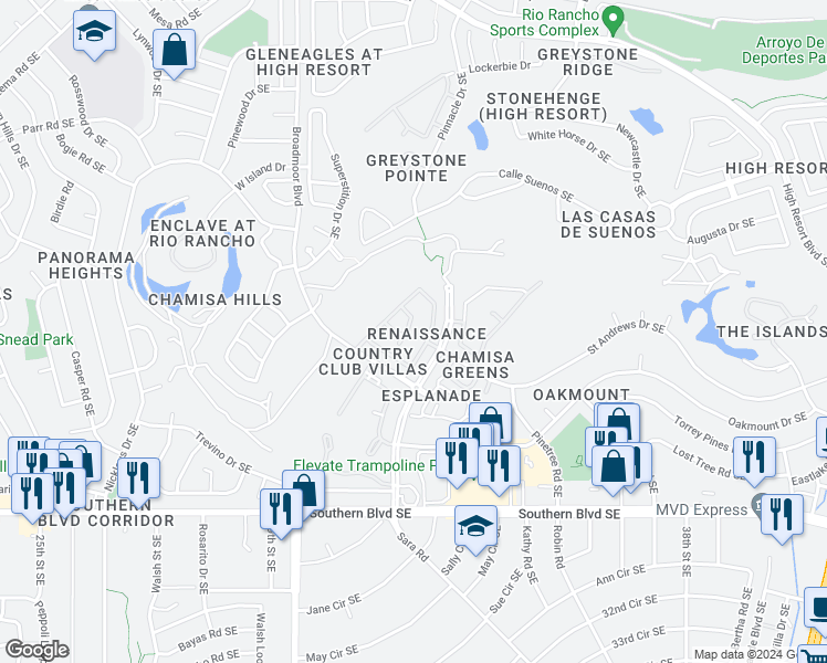 map of restaurants, bars, coffee shops, grocery stores, and more near 652 Renaissance Loop Southeast in Rio Rancho