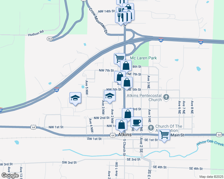 map of restaurants, bars, coffee shops, grocery stores, and more near 302 Northwest 5th Street in Atkins