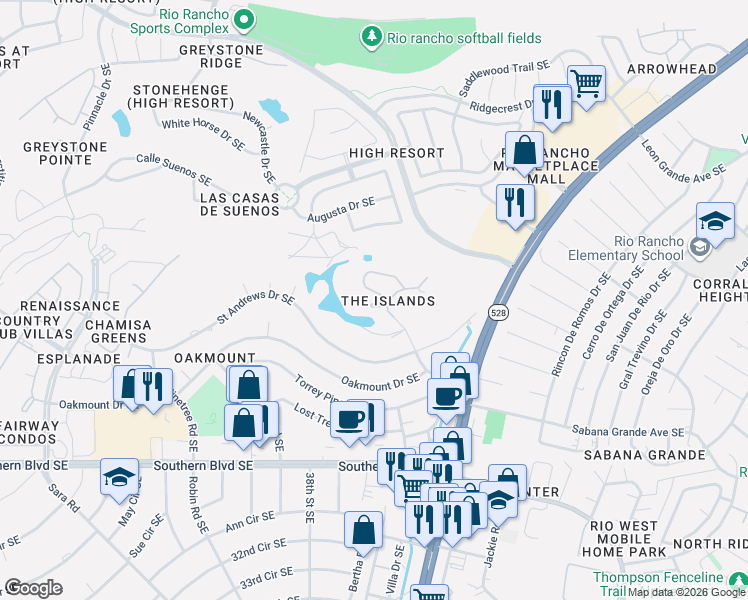 map of restaurants, bars, coffee shops, grocery stores, and more near 605 Eastlake Court Southeast in Rio Rancho