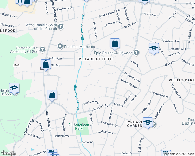 map of restaurants, bars, coffee shops, grocery stores, and more near 1540 Monument Avenue in Gastonia