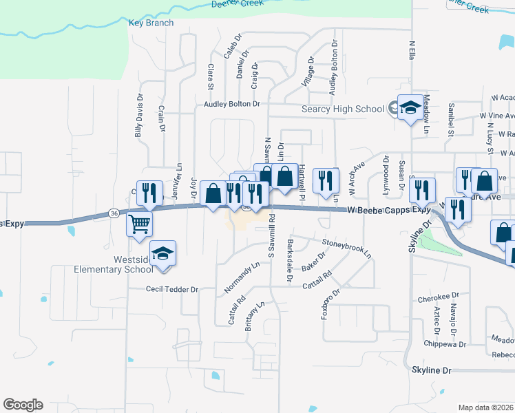 map of restaurants, bars, coffee shops, grocery stores, and more near 2307 West Beebe Capps Expressway in Searcy