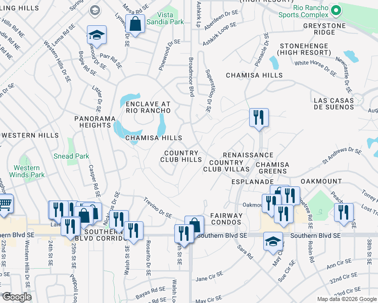 map of restaurants, bars, coffee shops, grocery stores, and more near 602 Lakeview Circle Southeast in Rio Rancho