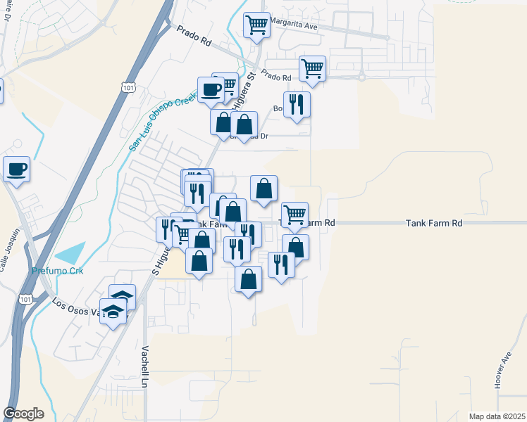 map of restaurants, bars, coffee shops, grocery stores, and more near 202 Tank Farm Road in San Luis Obispo
