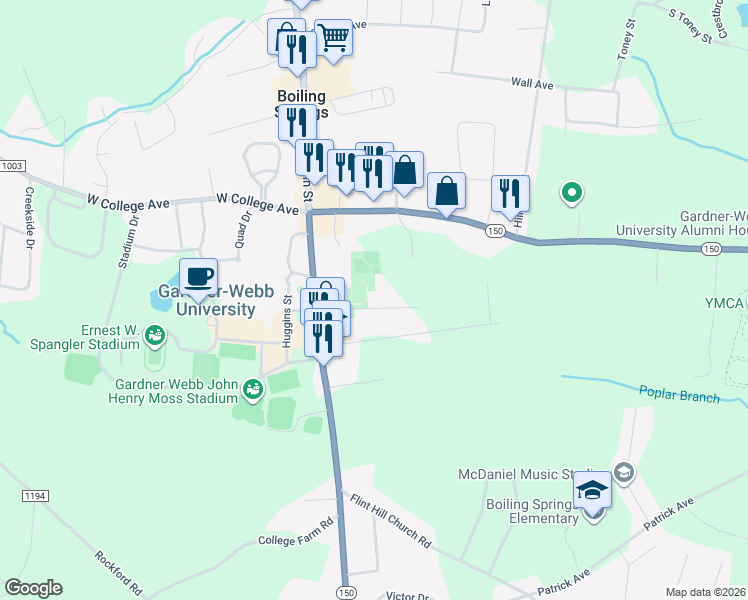 map of restaurants, bars, coffee shops, grocery stores, and more near 116 East Branch Avenue in Shelby