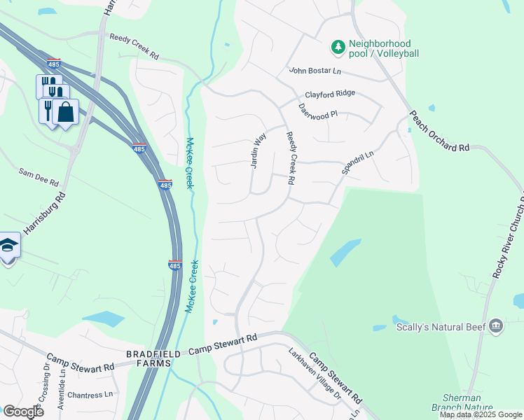 map of restaurants, bars, coffee shops, grocery stores, and more near 6710 Reedy Creek Road in Charlotte