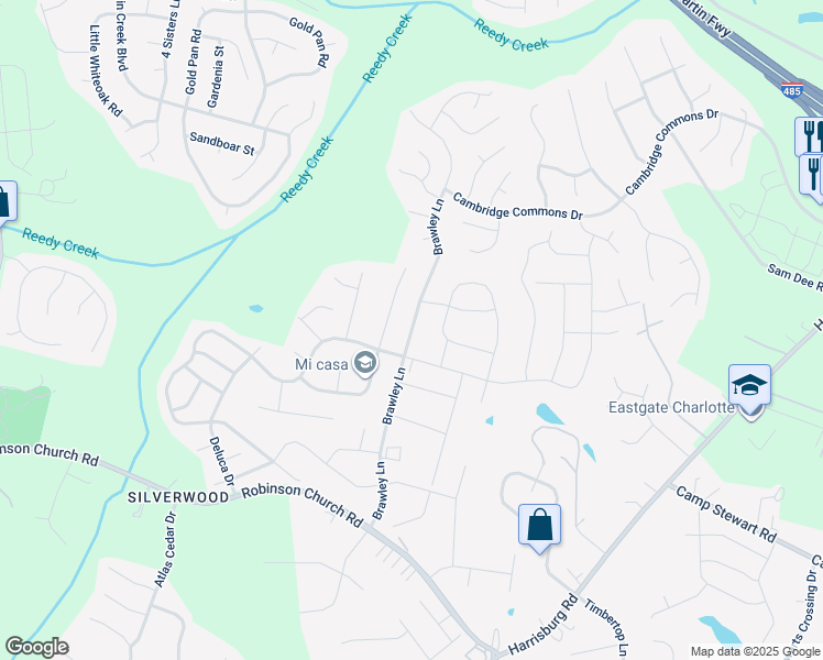 map of restaurants, bars, coffee shops, grocery stores, and more near 9900 Brawley Lane in Charlotte