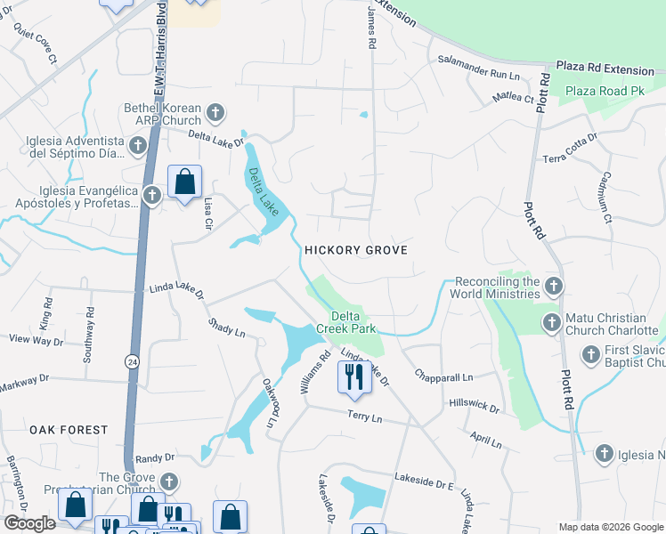map of restaurants, bars, coffee shops, grocery stores, and more near 7403 Frances Irene Drive in Charlotte