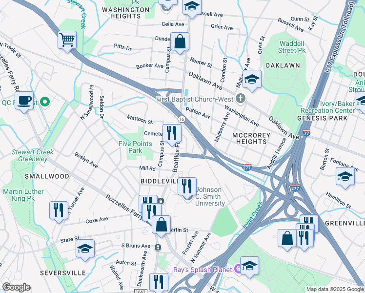 map of restaurants, bars, coffee shops, grocery stores, and more near 508 Beatties Ford Road in Charlotte