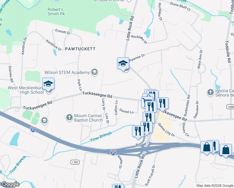 map of restaurants, bars, coffee shops, grocery stores, and more near 4404 Charles Patrick Court in Charlotte