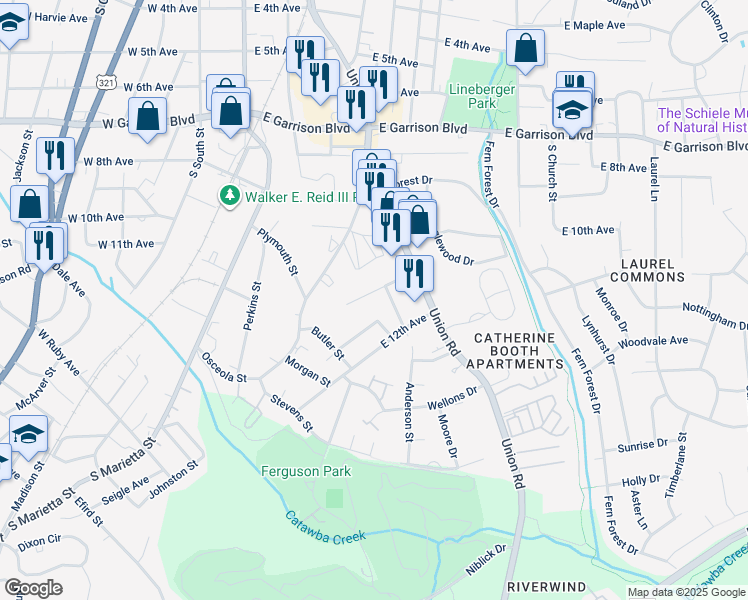 map of restaurants, bars, coffee shops, grocery stores, and more near 597 Betty Street in Gastonia