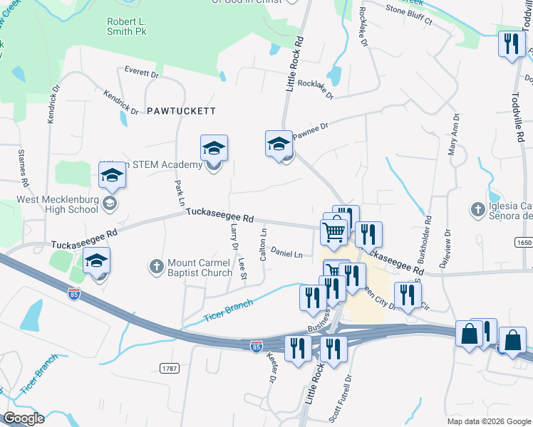 map of restaurants, bars, coffee shops, grocery stores, and more near 4404 Charles Patrick Court in Charlotte