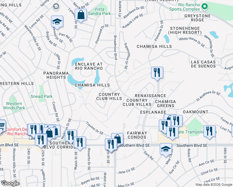 map of restaurants, bars, coffee shops, grocery stores, and more near 600 Lakeview Circle Southeast in Rio Rancho