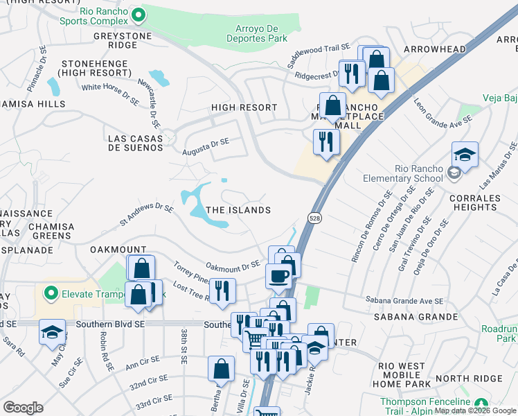 map of restaurants, bars, coffee shops, grocery stores, and more near 528 Eastlake Drive Southeast in Rio Rancho