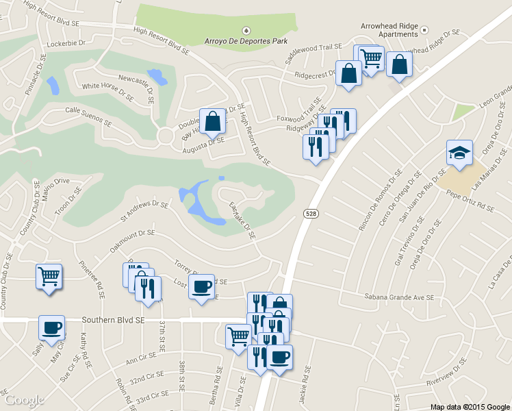 map of restaurants, bars, coffee shops, grocery stores, and more near 528 Eastlake Dr SE in Rio Rancho