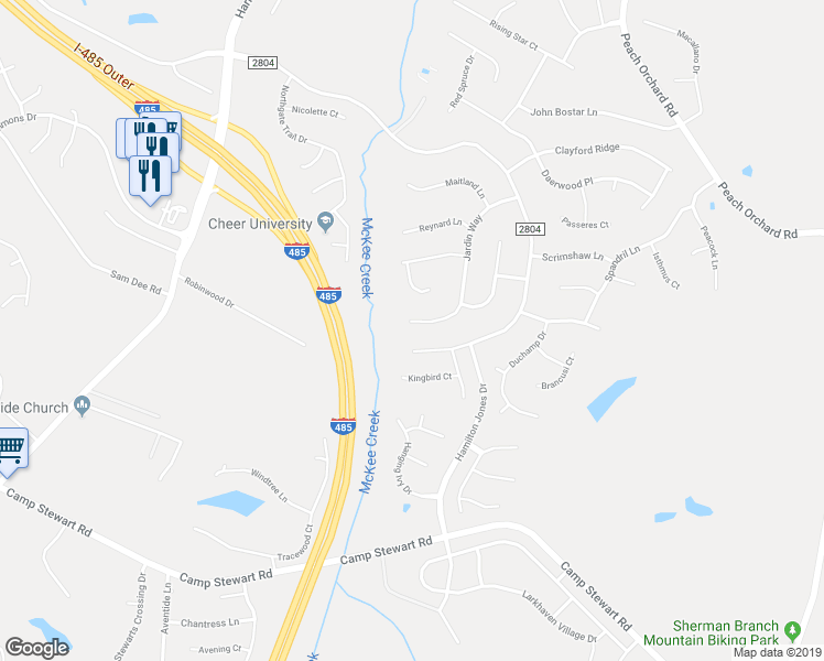 map of restaurants, bars, coffee shops, grocery stores, and more near 10610 Jardin Way in Charlotte