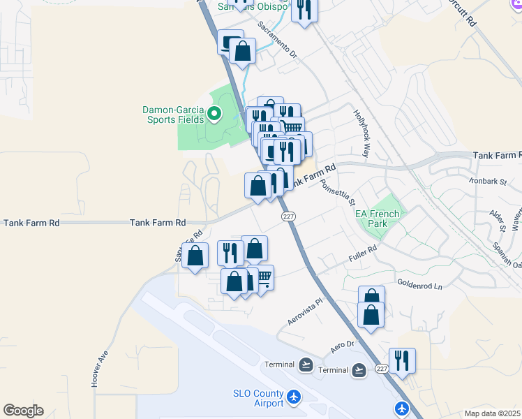 map of restaurants, bars, coffee shops, grocery stores, and more near 689 Tank Farm Road in San Luis Obispo