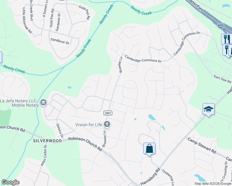 map of restaurants, bars, coffee shops, grocery stores, and more near 10107 Bradstreet Commons Way in Charlotte