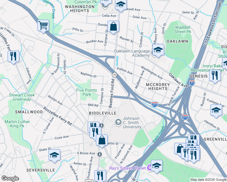 map of restaurants, bars, coffee shops, grocery stores, and more near 518 Beatties Ford Road in Charlotte