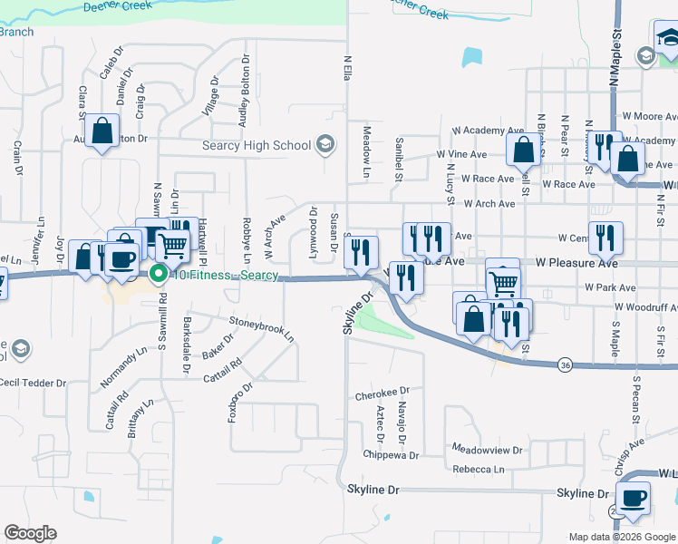 map of restaurants, bars, coffee shops, grocery stores, and more near 1554 West Beebe Capps Expressway in Searcy