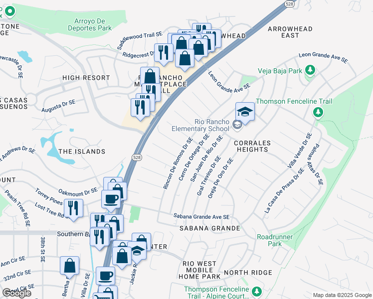 map of restaurants, bars, coffee shops, grocery stores, and more near 604 Rincon De Romos Drive Southeast in Rio Rancho