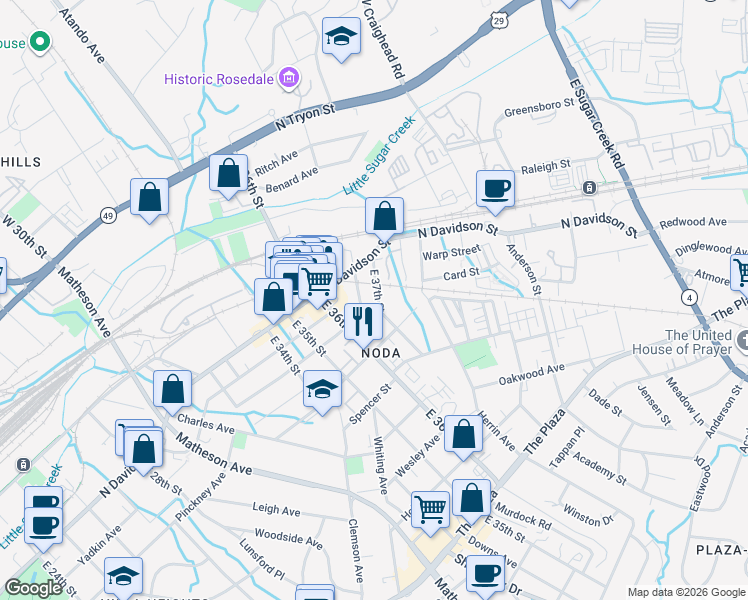 map of restaurants, bars, coffee shops, grocery stores, and more near in Charlotte