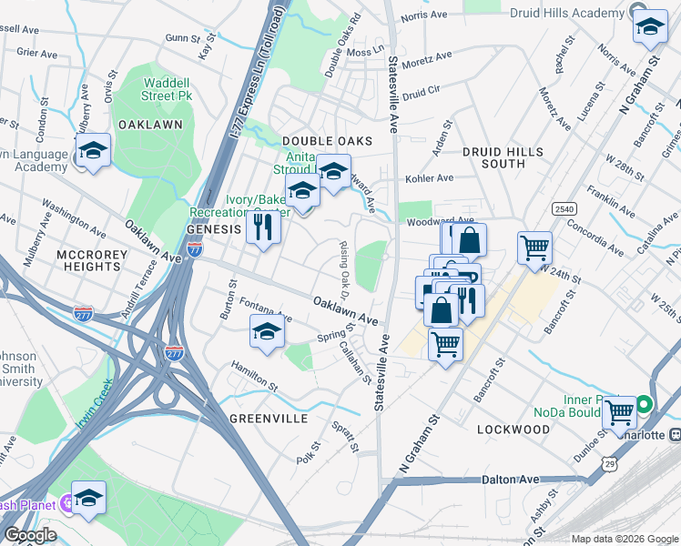 map of restaurants, bars, coffee shops, grocery stores, and more near 1215 Rising Oak Drive in Charlotte