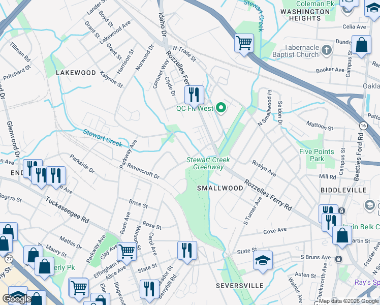 map of restaurants, bars, coffee shops, grocery stores, and more near 801 Yellowstone Drive in Charlotte