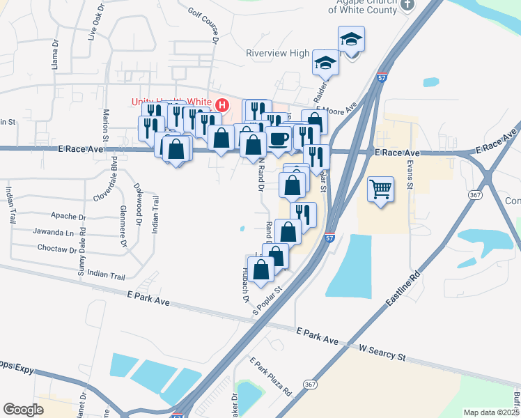 map of restaurants, bars, coffee shops, grocery stores, and more near 99 Rand Drive in Searcy