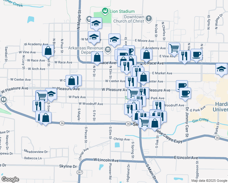 map of restaurants, bars, coffee shops, grocery stores, and more near 209 South Gum Street in Searcy