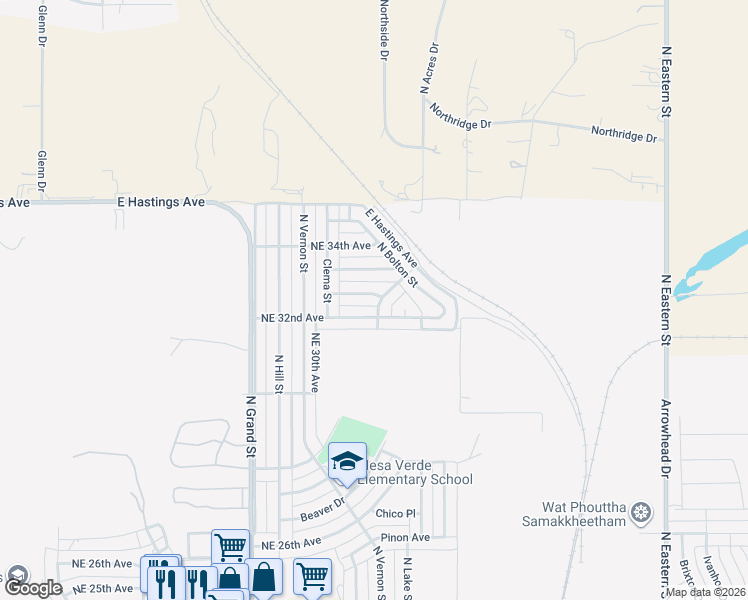 map of restaurants, bars, coffee shops, grocery stores, and more near 3200 Mesa Verde Drive in Amarillo