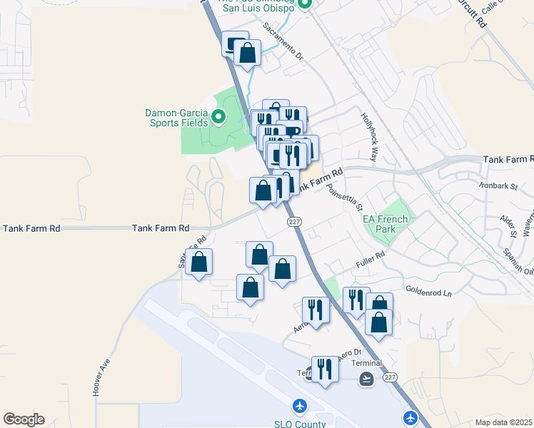 map of restaurants, bars, coffee shops, grocery stores, and more near 689 Tank Farm Road in San Luis Obispo