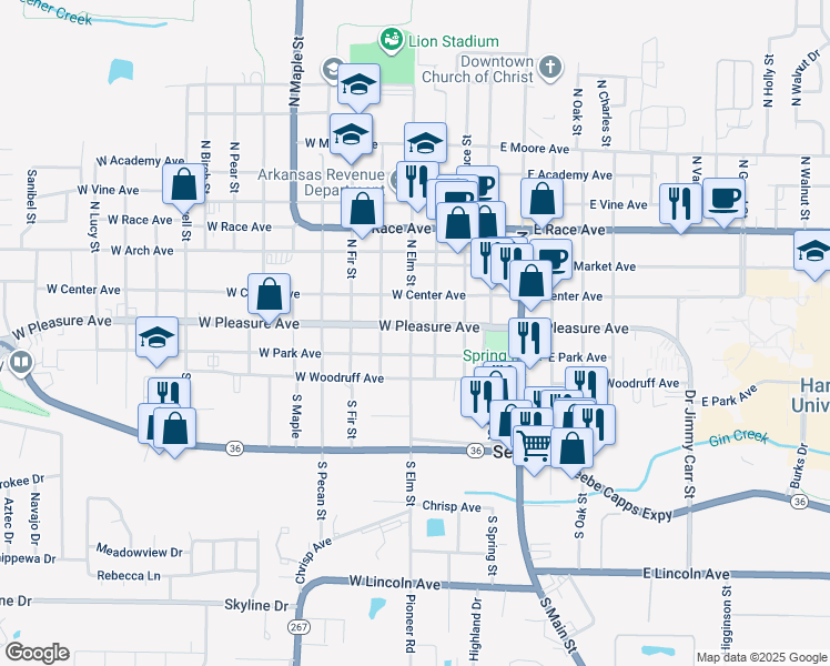 map of restaurants, bars, coffee shops, grocery stores, and more near 2 South Elm Street in Searcy