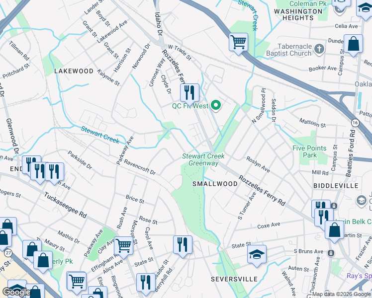 map of restaurants, bars, coffee shops, grocery stores, and more near 801 Yellowstone Drive in Charlotte