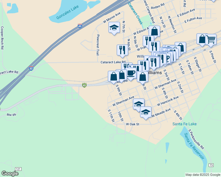 map of restaurants, bars, coffee shops, grocery stores, and more near West Route 66 in Williams